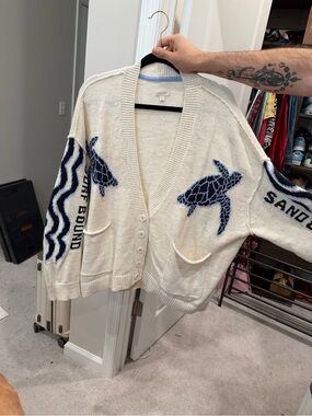 Pilcro Cream Cardigan with Navy Turtle Motifs